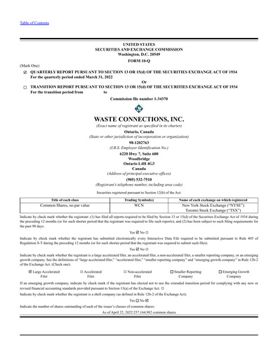 Miniature Waste Connections Rapport trimestriel 2022-q1