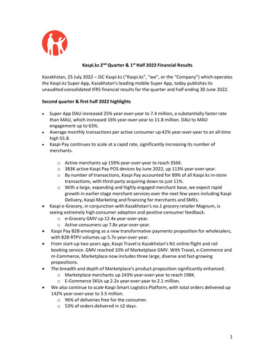 Thumbnail Kaspi.kz Joint Stock Company Quarterly Report 2022-q2