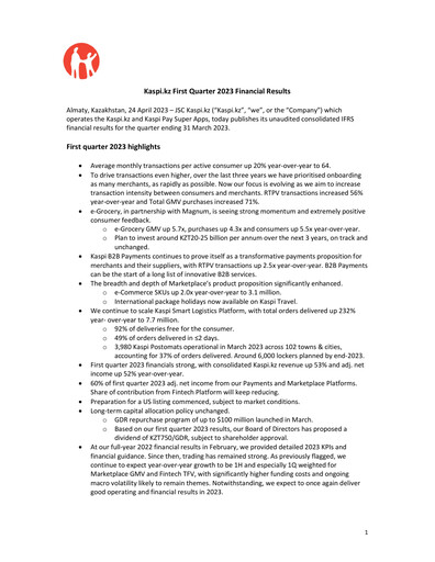 Thumbnail Kaspi.kz Joint Stock Company Quarterly Report 2023-q1