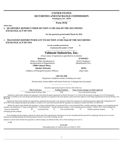 Thumbnail Valmont Industries
 Quarterly Report 2022-q1
