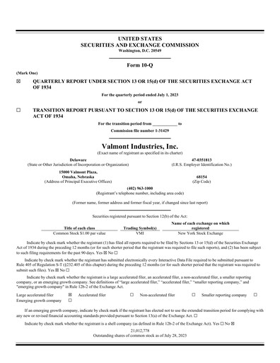 Thumbnail Valmont Industries
 Quarterly Report 2023-q2