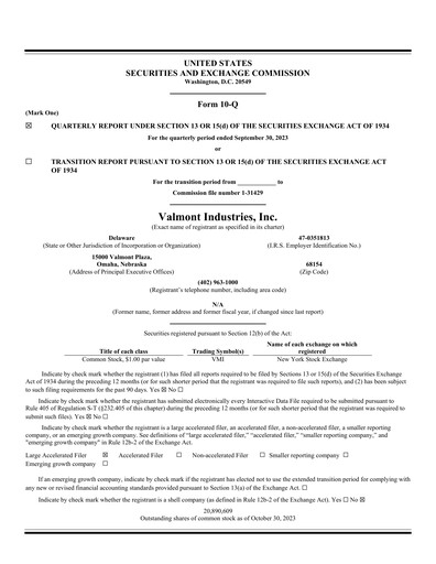 Thumbnail Valmont Industries
 Quarterly Report 2023-q3