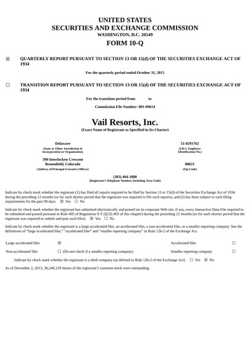 Thumbnail Vail Resorts
 Quarterly Report 2016-q1