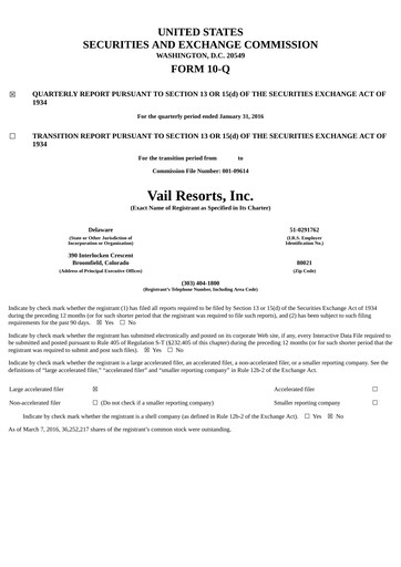 Thumbnail Vail Resorts
 Quarterly Report 2016-q2