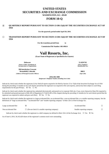 Thumbnail Vail Resorts
 Quarterly Report 2016-q3