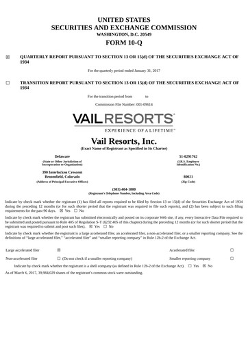 Thumbnail Vail Resorts
 Quarterly Report 2017-q2