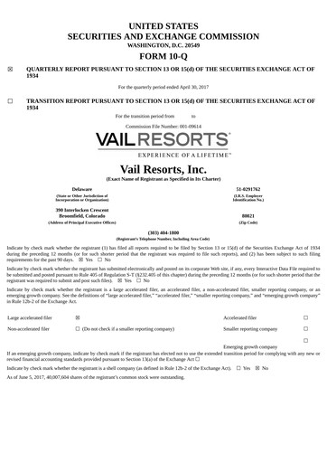 Thumbnail Vail Resorts
 Quarterly Report 2017-q3