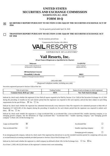 Thumbnail Vail Resorts
 Quarterly Report 2020-q3