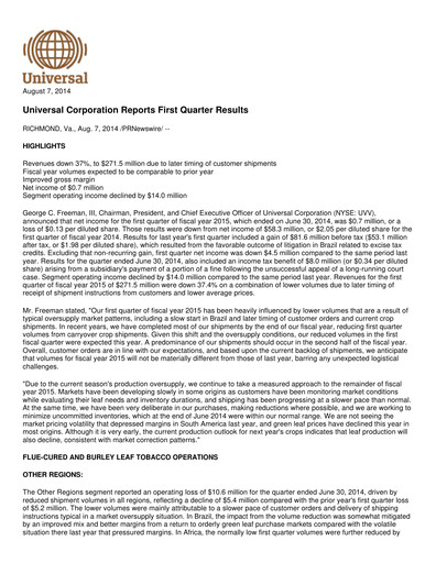 Thumbnail Universal Corporation
 Quarterly Report 2014-q1