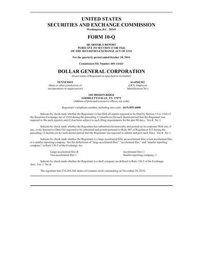 Thumbnail Dollar General Quarterly Report 2016-q3