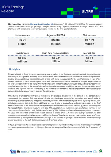 Miniature Ultrapar Participacoes Rapport trimestriel 2020-q1