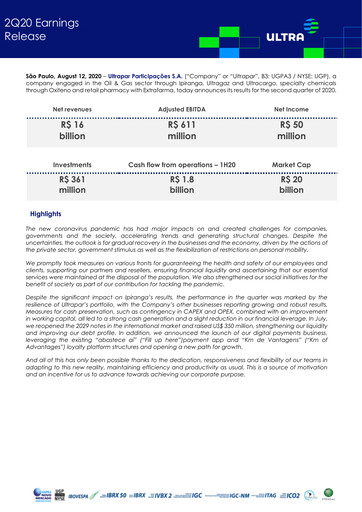 Miniature Ultrapar Participacoes Rapport trimestriel 2020-q2