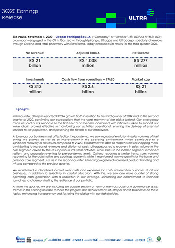 Miniature Ultrapar Participacoes Rapport trimestriel 2020-q3