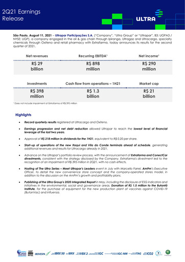 Miniature Ultrapar Participacoes Rapport trimestriel 2021-q2