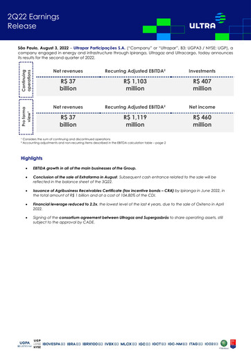 Miniature Ultrapar Participacoes Rapport trimestriel 2022-q2