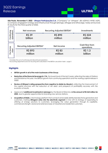 Miniature Ultrapar Participacoes Rapport trimestriel 2022-q3