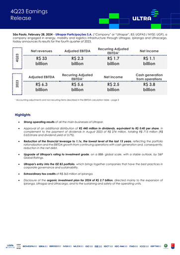 Miniature Ultrapar Participacoes Rapport trimestriel 2023-q4