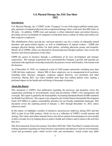 Vorschaubild U.S. Physical Therapy, Inc. ESG-Bericht 2022