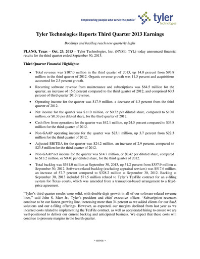 Thumbnail Tyler Technologies
 Quarterly Report 2013-q3