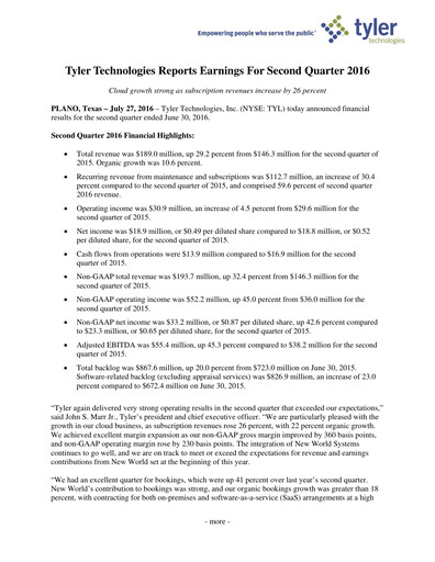 Thumbnail Tyler Technologies
 Quarterly Report 2016-q2