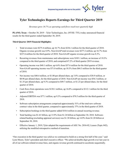 Thumbnail Tyler Technologies
 Quarterly Report 2019-q3