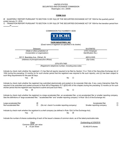 Thumbnail Thor Industries
 Quarterly Report 2016-q2