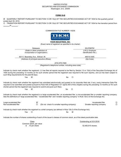 Thumbnail Thor Industries
 Quarterly Report 2016-q3