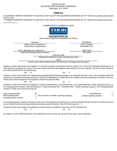 Thumbnail Thor Industries
 Quarterly Report 2018-q3