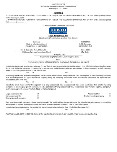 Thumbnail Thor Industries
 Quarterly Report 2019-q2