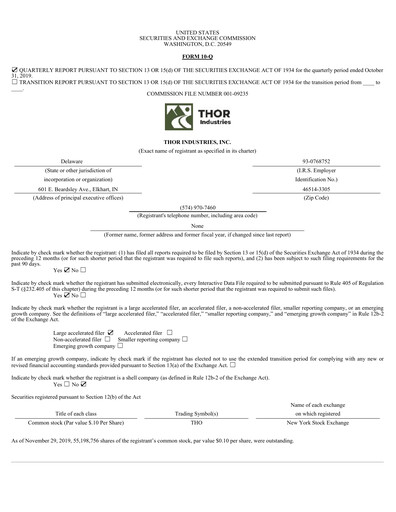 Thumbnail Thor Industries
 Quarterly Report 2020-q1
