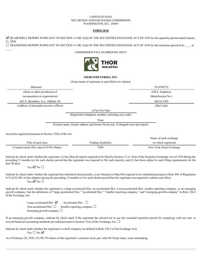 Thumbnail Thor Industries
 Quarterly Report 2020-q2