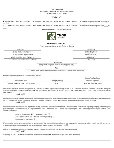Thumbnail Thor Industries
 Quarterly Report 2020-q3