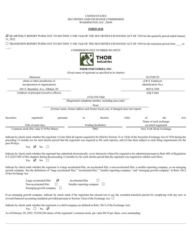 Thumbnail Thor Industries
 Quarterly Report 2022-q2