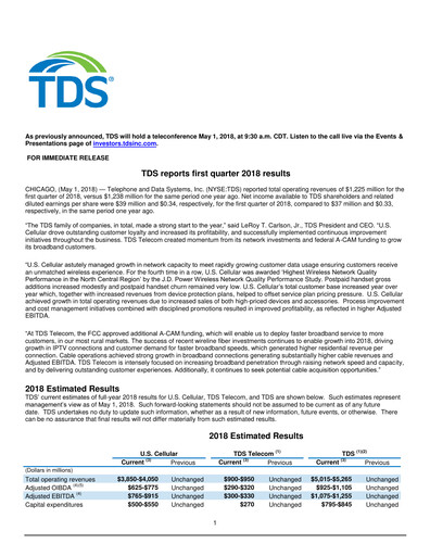 Vorschaubild Telephone and Data Systems
 Quartalsbericht 2018-q1