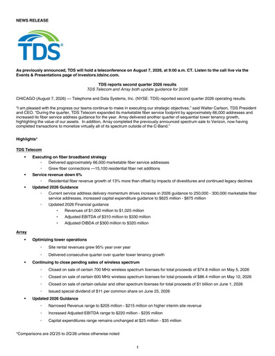 Vorschaubild Telephone and Data Systems
 Quartalsbericht 2026-q2