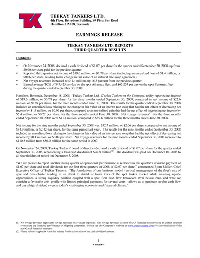 Thumbnail Teekay Tankers Quarterly Report 2008-q3