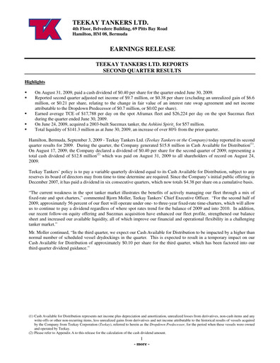Thumbnail Teekay Tankers Quarterly Report 2009-q2