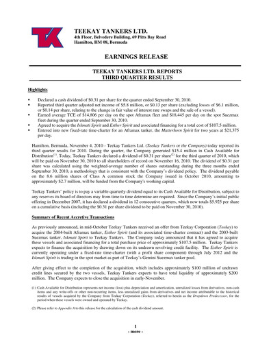 Thumbnail Teekay Tankers Quarterly Report 2010-q3