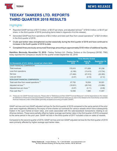 Thumbnail Teekay Tankers Quarterly Report 2018-q3