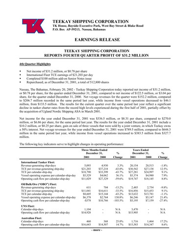 Thumbnail Teekay Quarterly Report 2001-q4