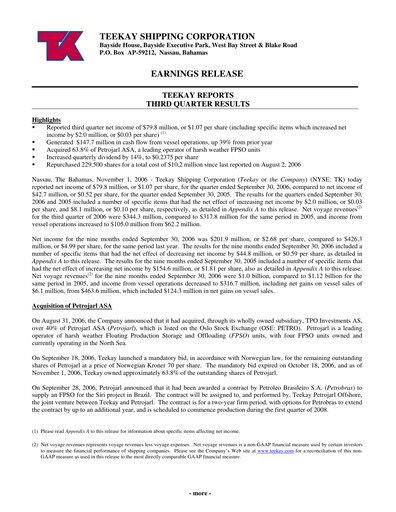 Thumbnail Teekay Quarterly Report 2006-q3