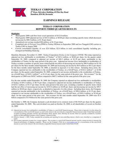 Thumbnail Teekay Quarterly Report 2009-q3