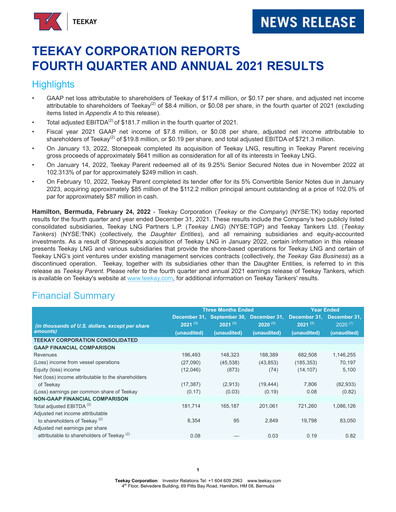 Thumbnail Teekay Quarterly Report 2021-q4