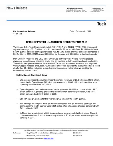Thumbnail Teck Resources
 Financial Statement 2010