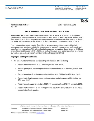 Thumbnail Teck Resources
 Financial Statement 2011