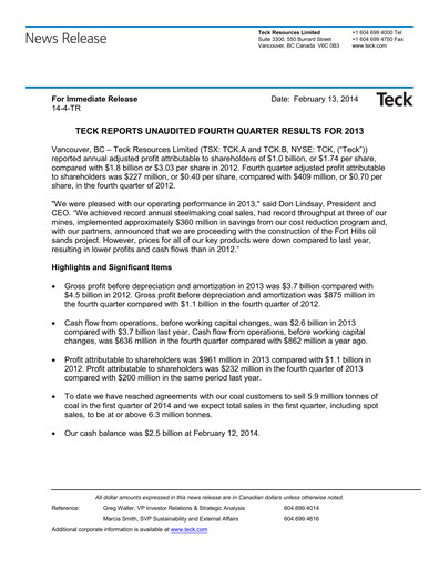 Thumbnail Teck Resources
 Financial Statement 2013