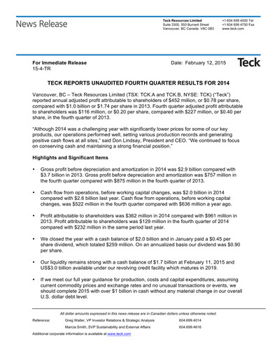 Thumbnail Teck Resources
 Financial Statement 2014