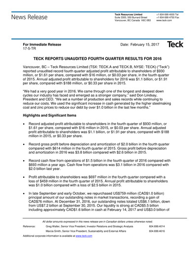 Thumbnail Teck Resources
 Financial Statement 2016