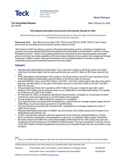 Thumbnail Teck Resources
 Financial Statement 2021