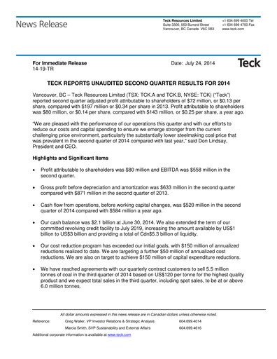 Thumbnail Teck Resources
 Quarterly Report 2014-q2